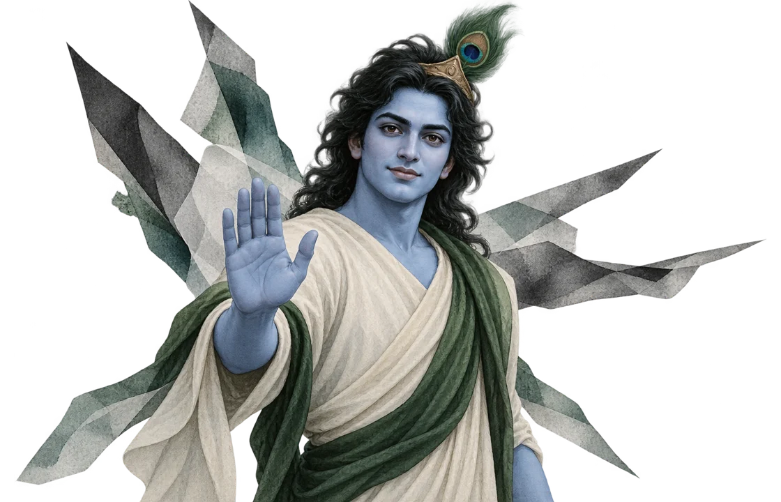 Sri Krishna with a peacock feather and flute, in sculptural paper and graphite relief.