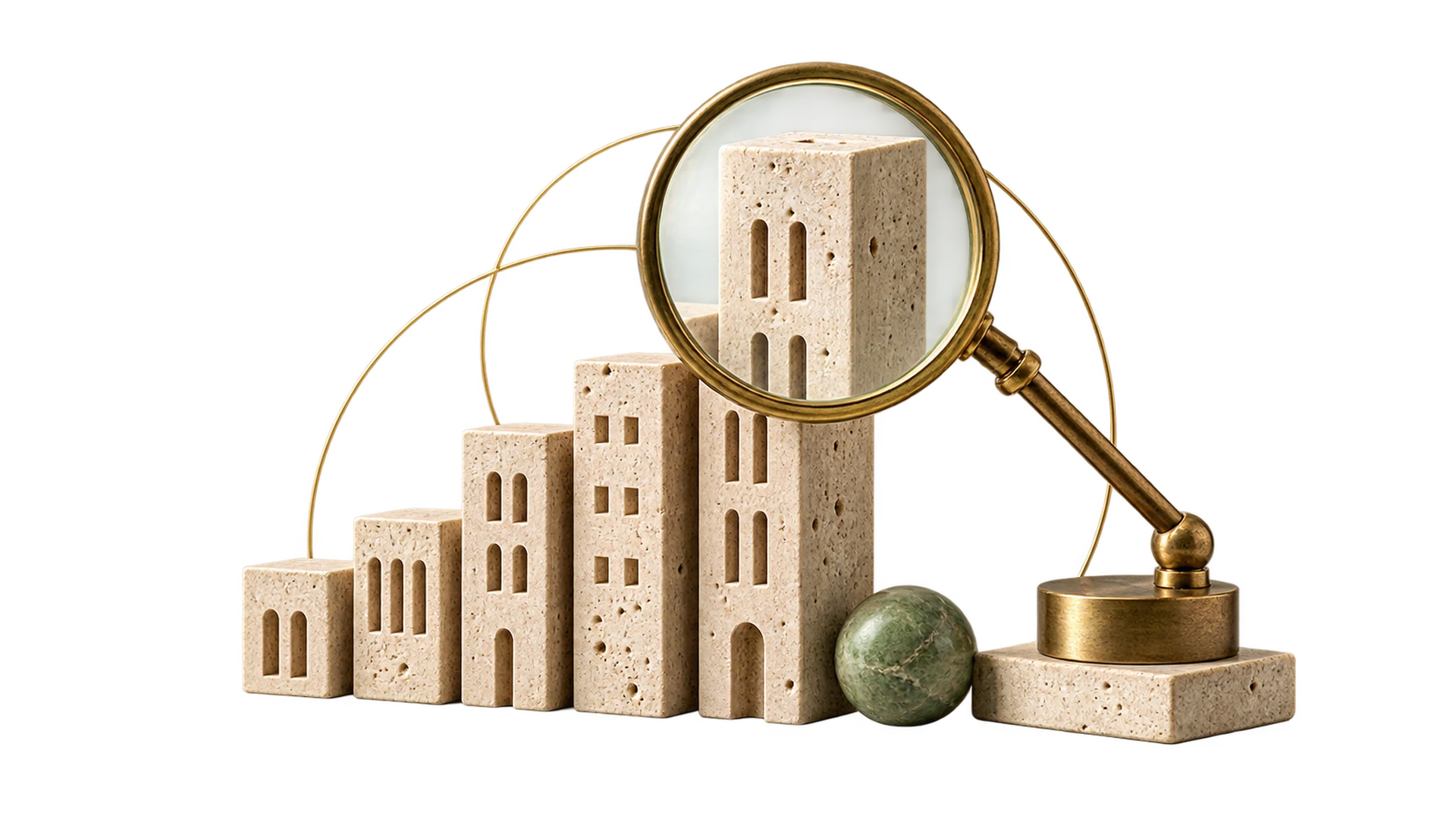 A magnifying lens of brass over a row of small travertine buildings of different heights