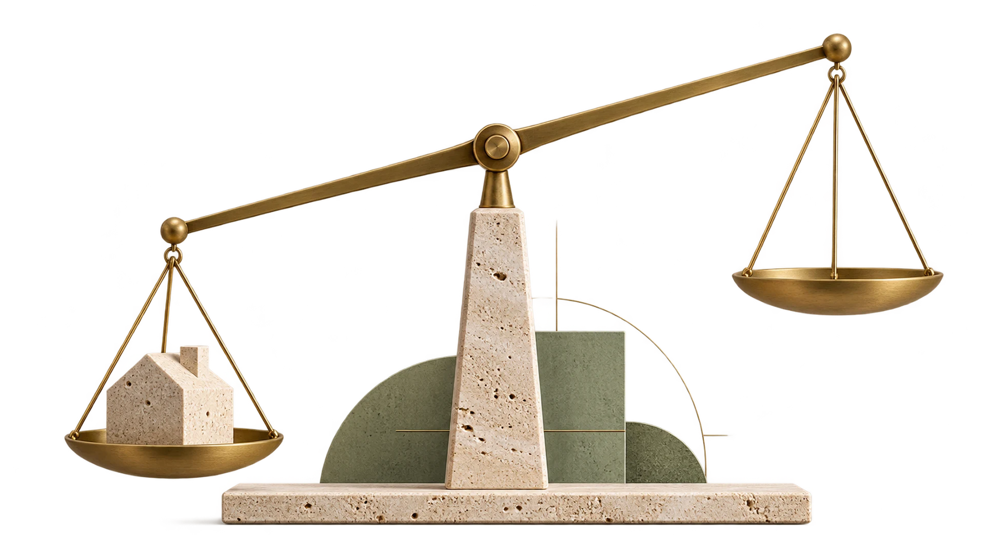 A travertine and brass balance with a small stone house on one pan and the other pan lifted high