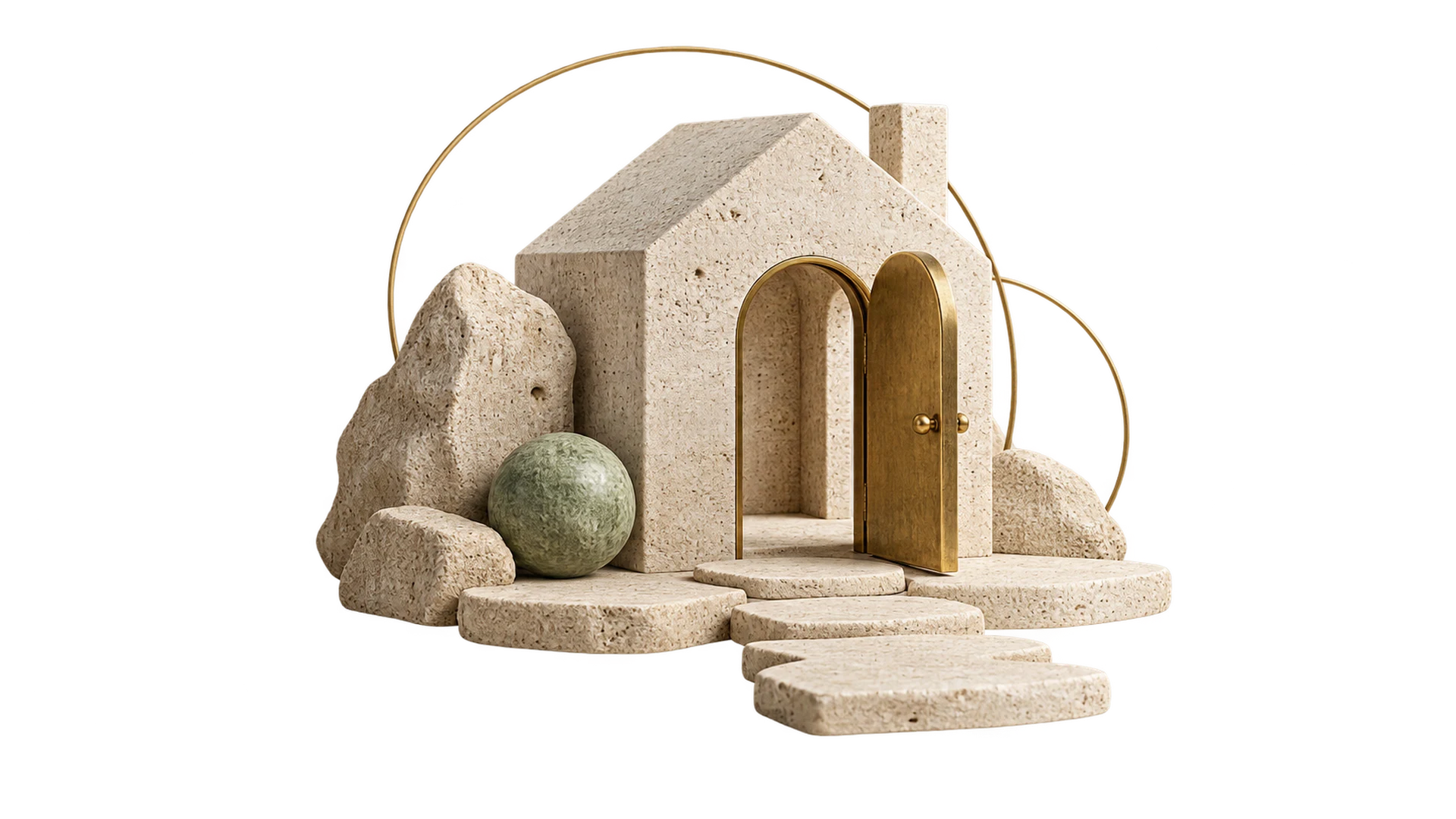 A travertine house beside a brass door standing open on a stone path