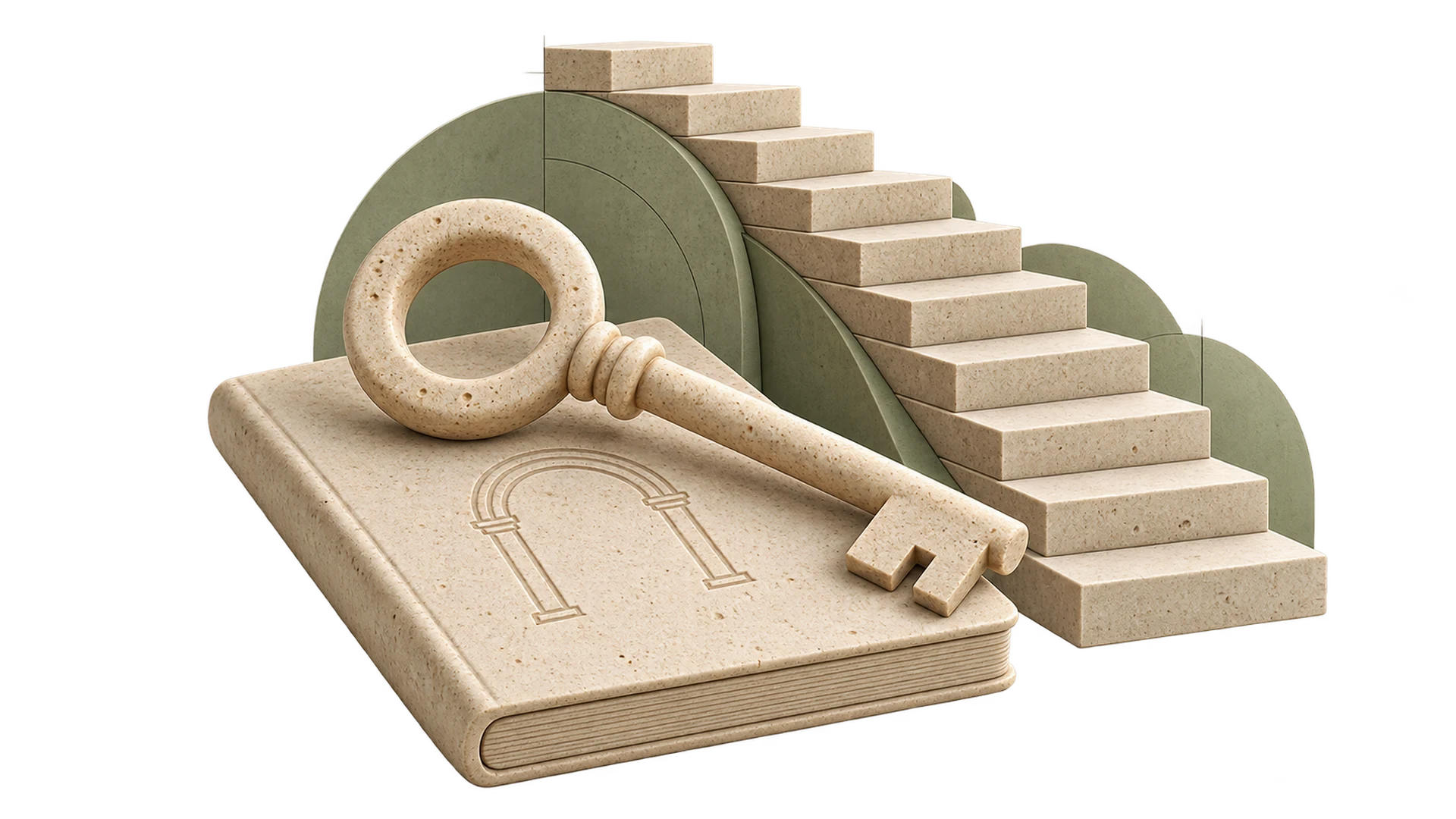 A stone key resting on a plain booklet with ten low steps curving up behind it