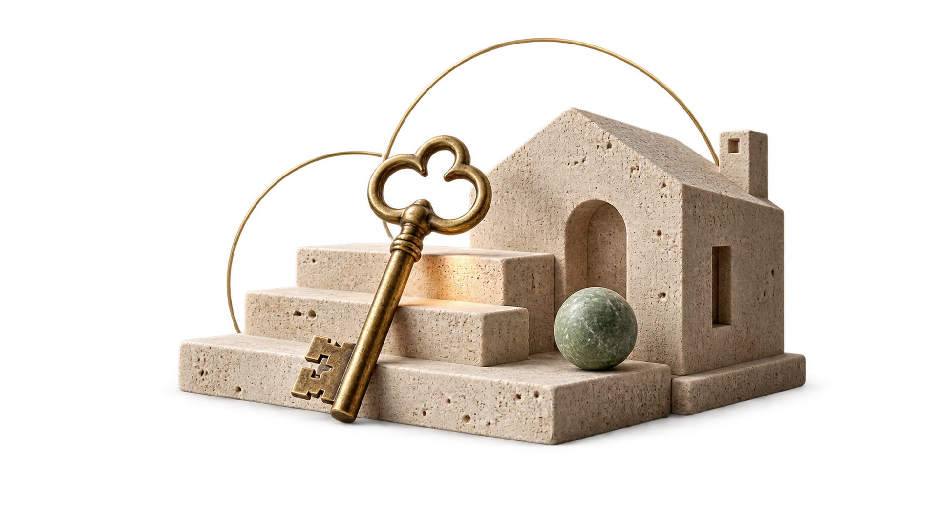A brass key and a travertine staircase with one step lit, beside a small stone house