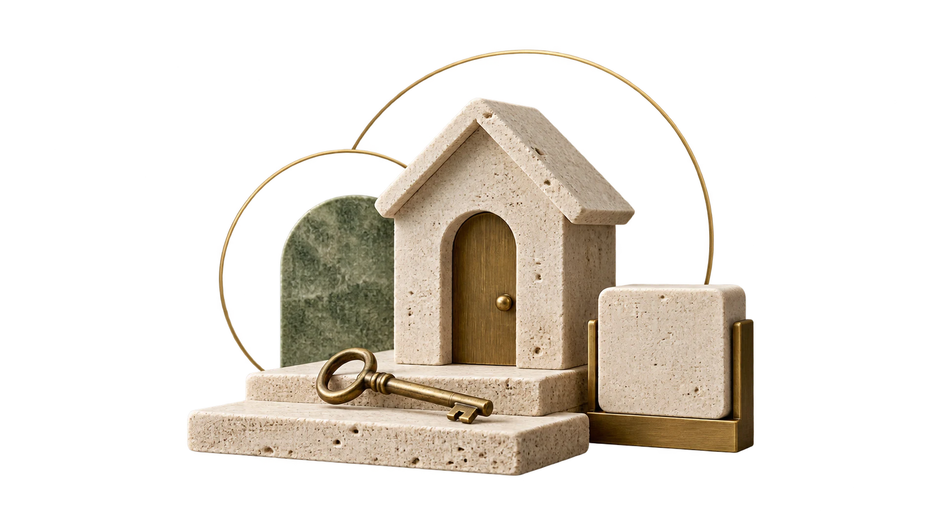 A travertine house with a brass key on a stone step and a small calendar block beside it