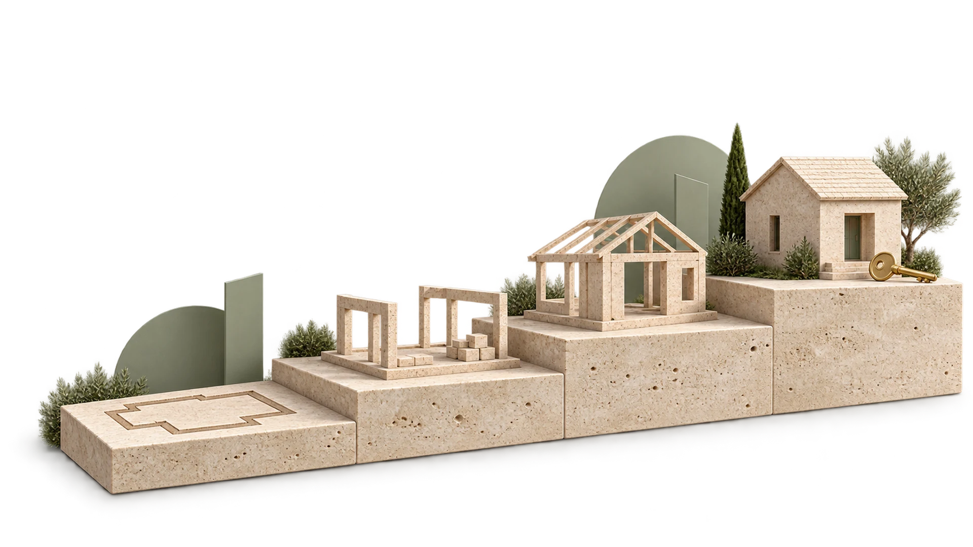 Four stone steps rising from a foundation outline to a small completed building with a key