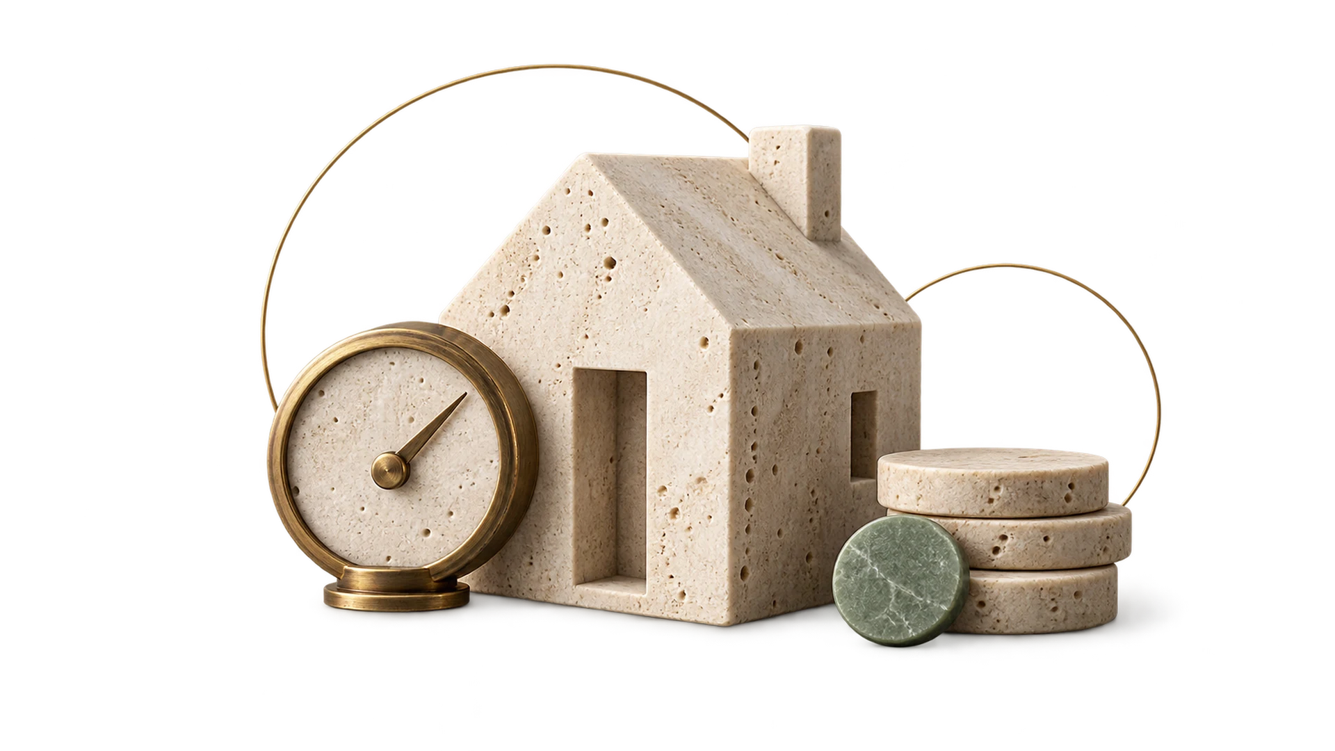 A travertine house with a small brass gauge and a stack of stone coins beside it