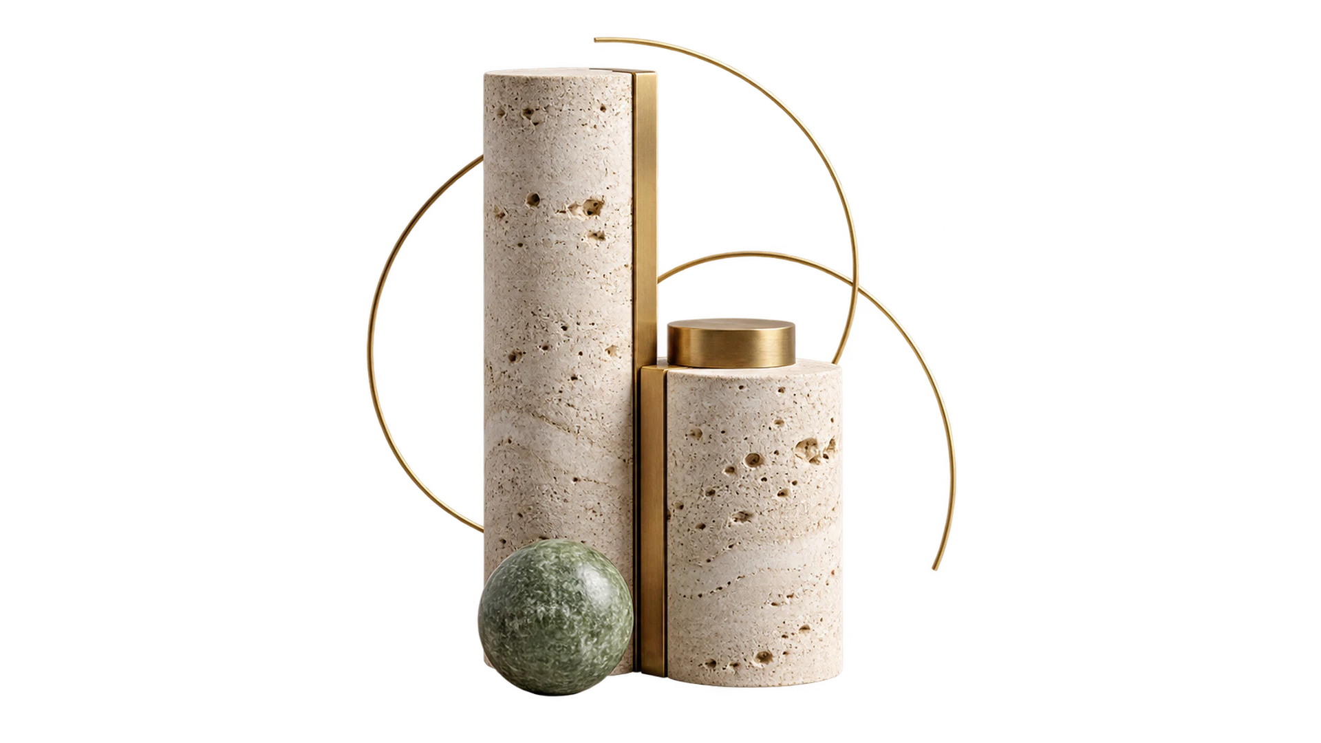 Two travertine columns of different heights with a brass line between them